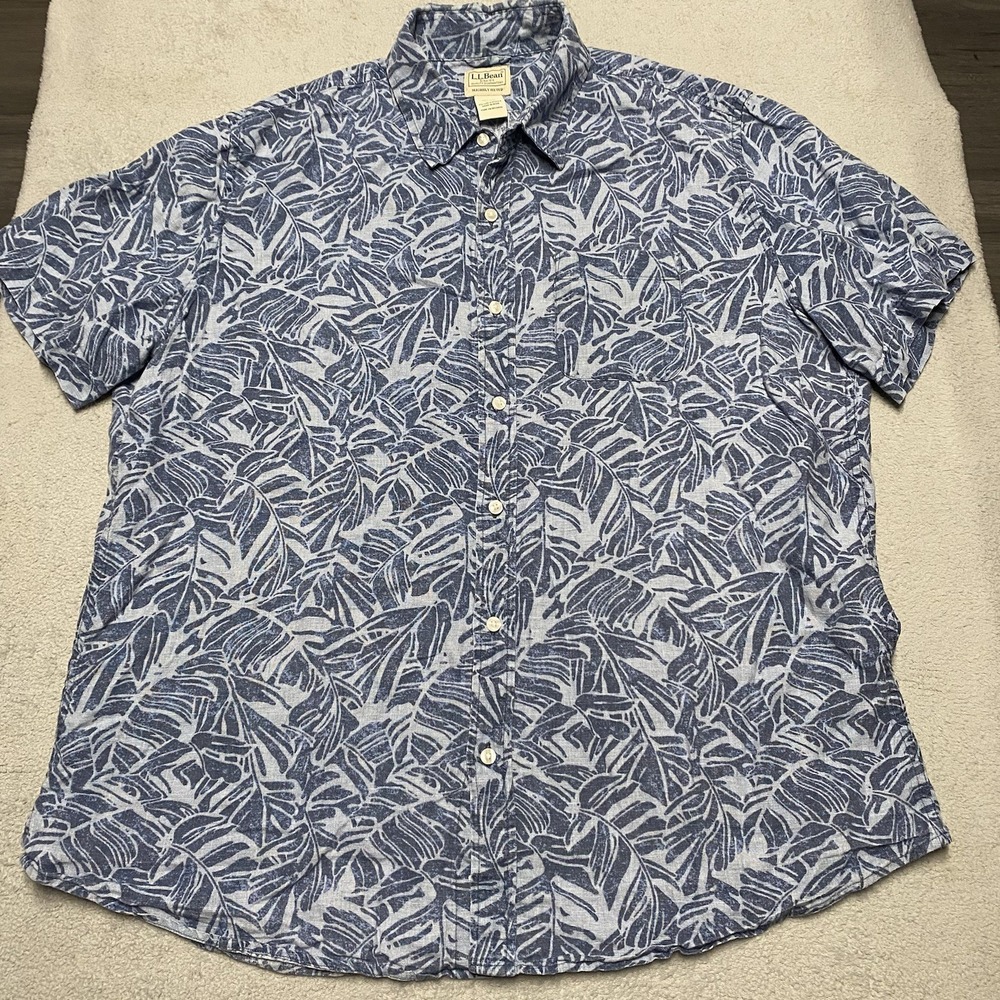 LL Bean Linen Shirt Mens XL‎ Blue Leaf Print Short Sleeve Button Up Outdoors